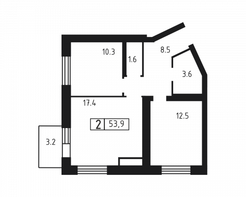 2-комнатная, квартира, 53.9 м²