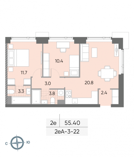 2-комнатная, квартира, 55.4 м²