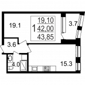 1-комнатная квартира 43,85 м²