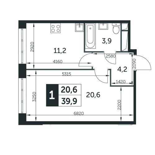 1-комнатная, квартира, 39.9 м²