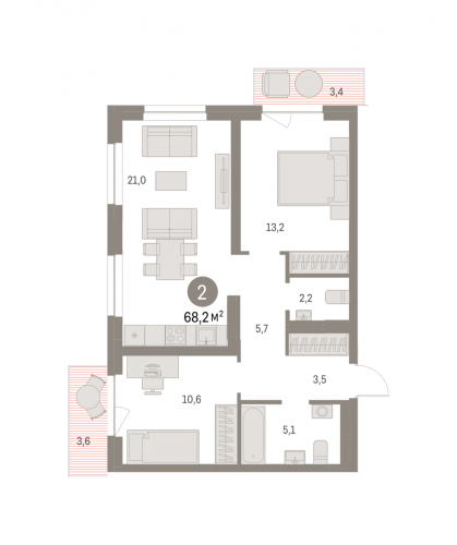 2-комнатная, 68.22 м²