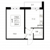 1-комнатная квартира 39,4 м²