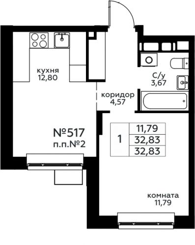 1-комнатная, 32.83 м²