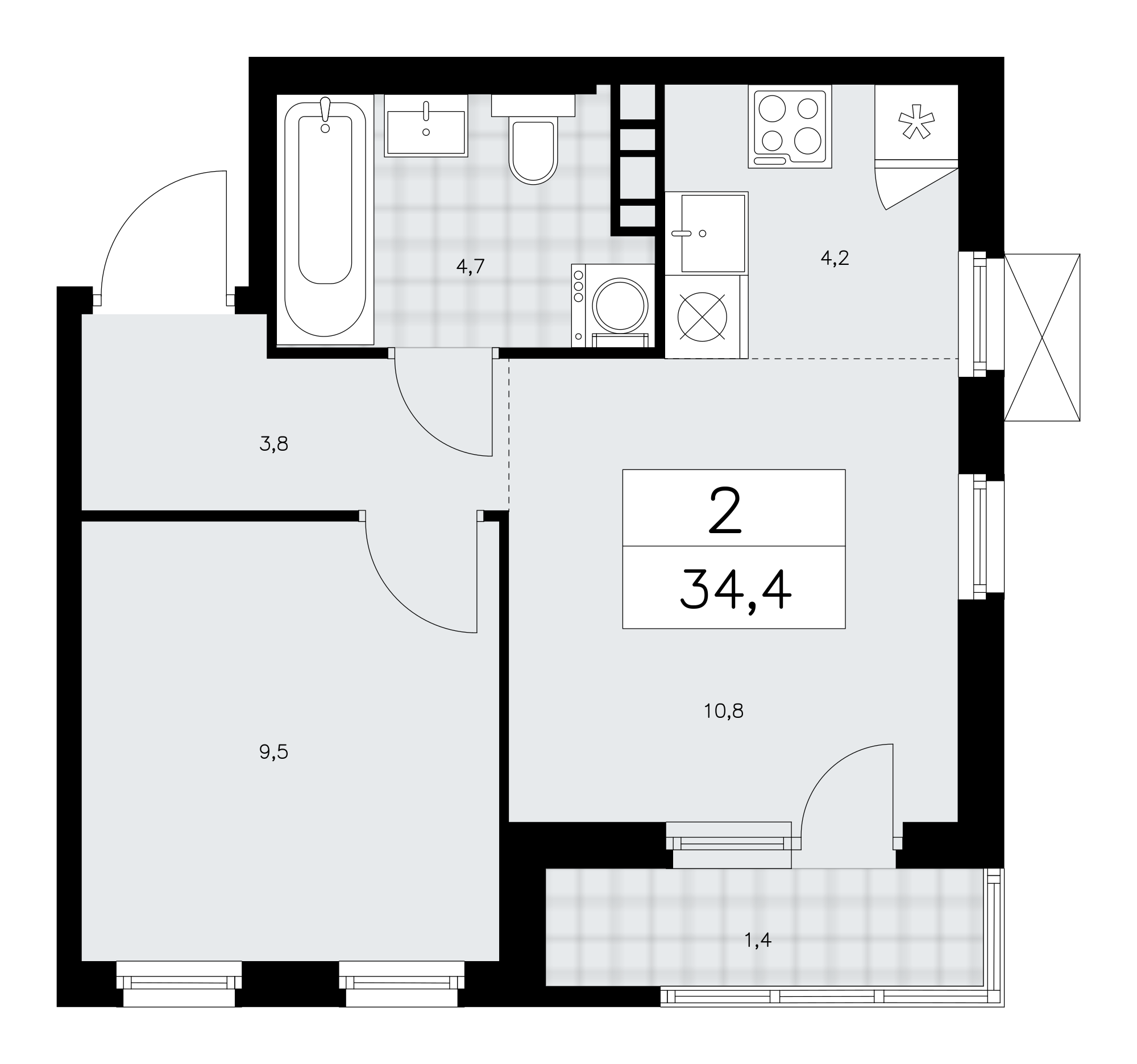 2-комнатная квартира №58К-11.1.4-755, 34,4 м² за 10,82 млн руб. в ЖК «Прокшино» - планировка