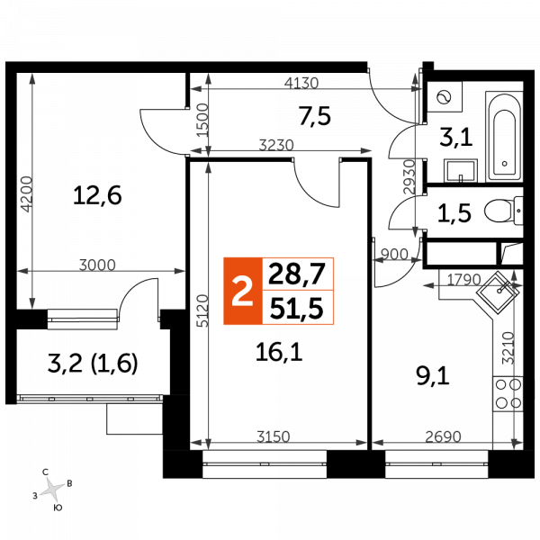 2 комнаты до 51.5