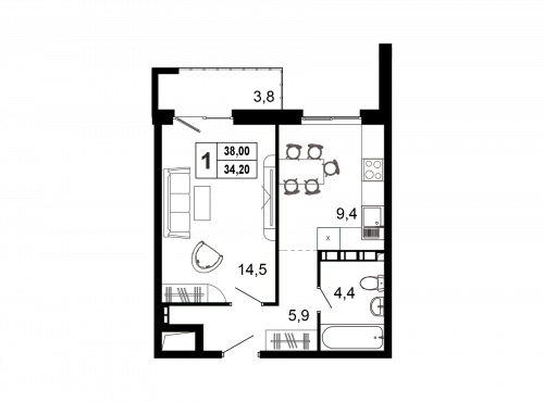 1-комнатная, 37.5 м²