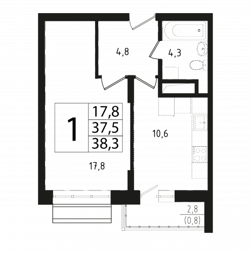 1-комнатная, квартира, 37.7 м²