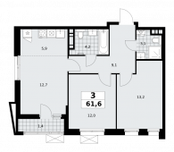 3-комнатная квартира 61,6 м²