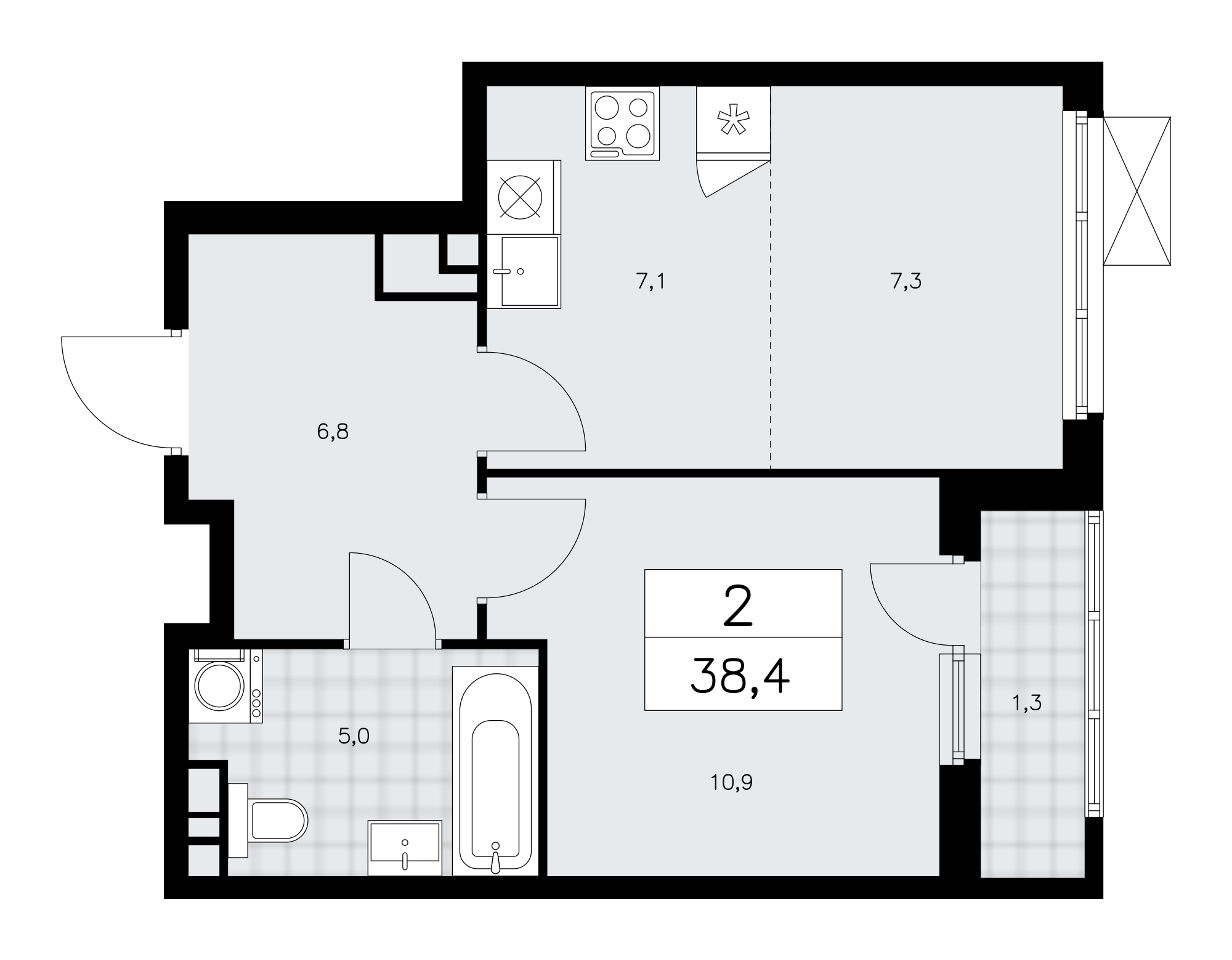 2-комнатная квартира №58К-11.1.4-587, 38,4 м² за 11,44 млн руб. в ЖК «Прокшино» - планировка