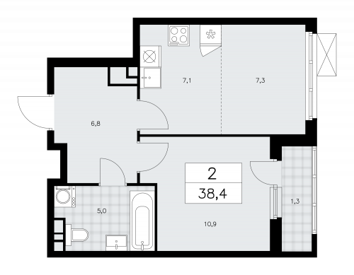 2-комнатная, 38.4 м²