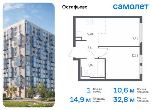 1-комнатная, 32.81 м²