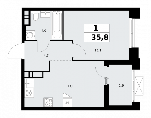 1-комнатная, 35.8 м²