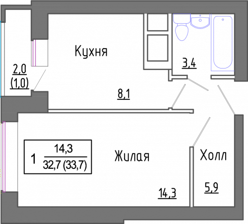 1-комнатная, 32.6 м²