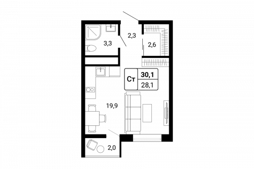 2-комнатная, 45.7 м²