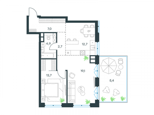 2-комнатная, квартира, 66.98 м²