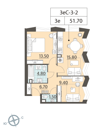 2-комнатная, квартира, 51.7 м²