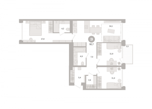 3-комнатная, квартира, 92.7 м²
