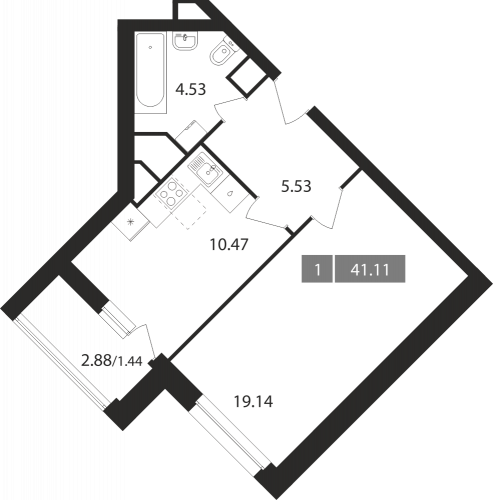 1-комнатная, квартира, 41.11 м²
