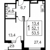 2-комнатная квартира 53.5 м²