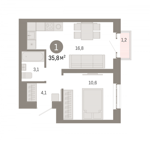 1-комнатная, квартира, 35.8 м²