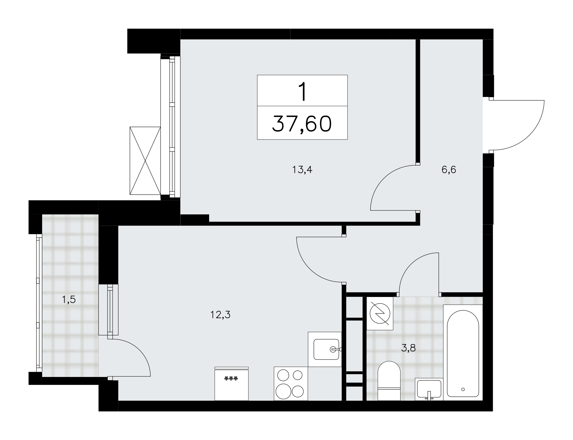 1-комнатная квартира №24К-28.3-514, 37,6 м² за 13,20 млн руб. в ЖК «Скандинавия» - планировка