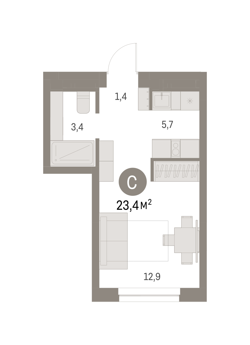 Квартира-студия №200, 23,4 м² за 5,38 млн руб. в ЖК «Первый квартал» - планировка