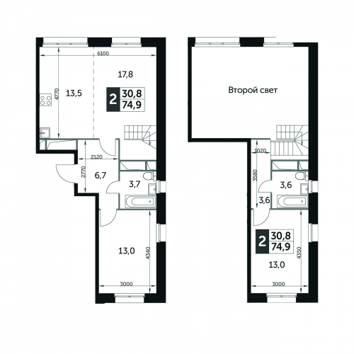 2-комнатная, квартира, 75.1 м²