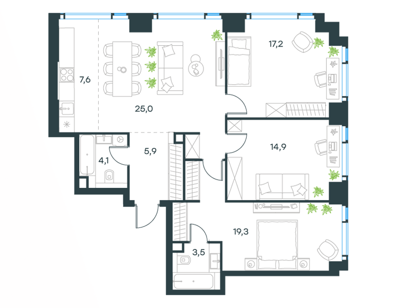 4-комнатные апартаменты №411, 97,5 м² за 46,22 млн руб. в ЖК «Level Мичуринский» - планировка