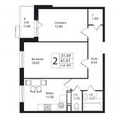 2-комнатная квартира 61,01 м²