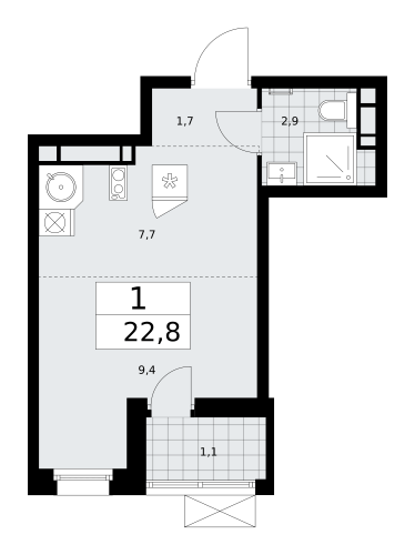 1-комнатная, 22.8 м²