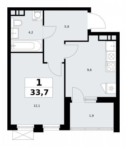1-комнатная, 33.7 м²