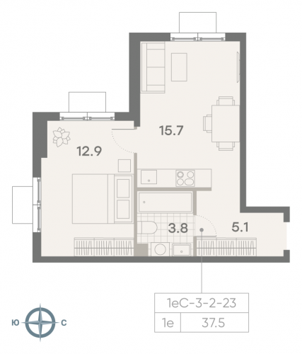 1-комнатная, квартира, 37.5 м²