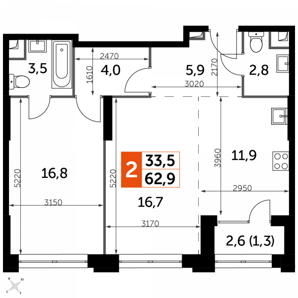 2 комнаты до 62.9