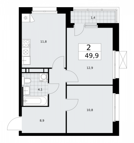 2-комнатная, 49.9 м²
