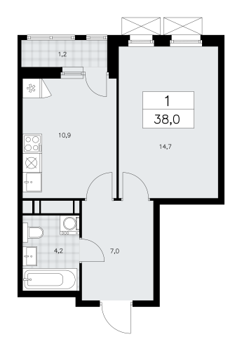 1-комнатная, 38 м²