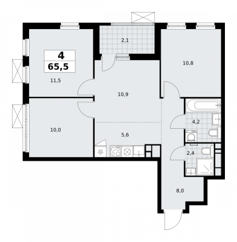 Многокомнатная, 65.5 м²