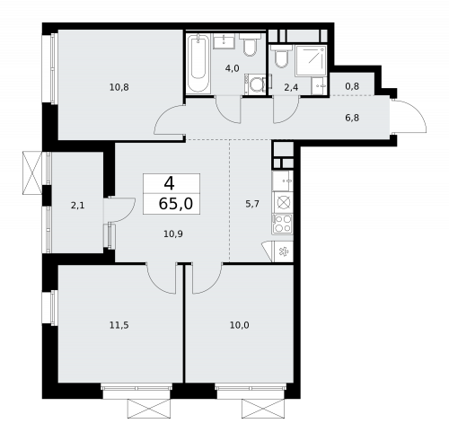 Многокомнатная, 65 м²