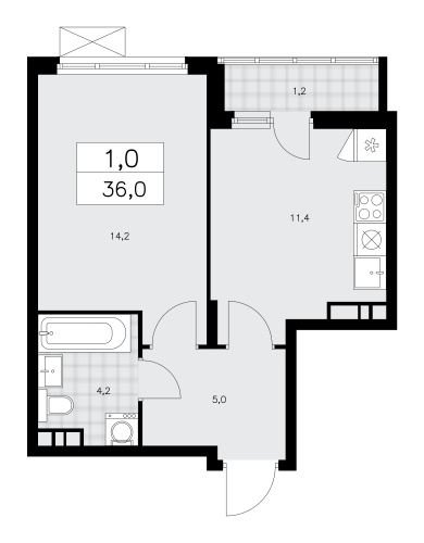1-комнатная, 36 м²