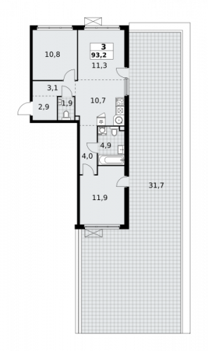 3-комнатная, 93.2 м²