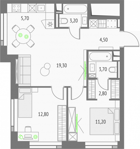 2-комнатная, квартира, 63.2 м²