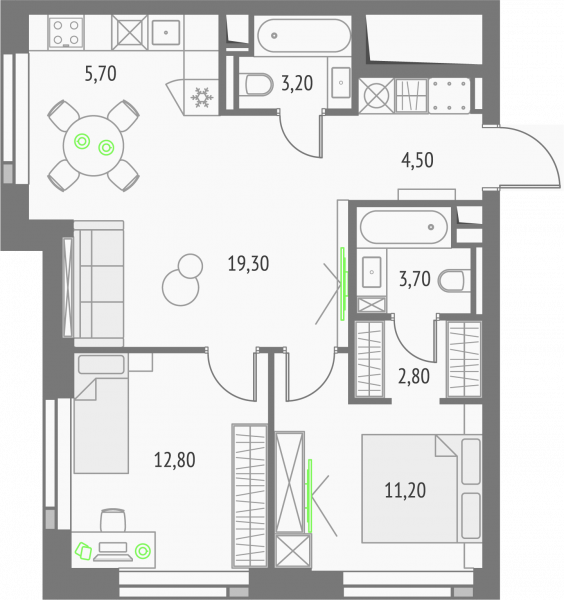 2 комнаты до 63.2