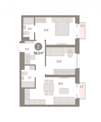 2-комнатная, квартира, 58.5 м²