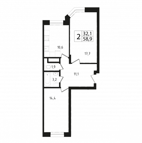 2-комнатная, квартира, 58.6 м²