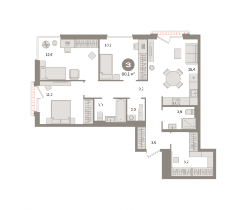 3-комнатная, квартира, 80.09 м²