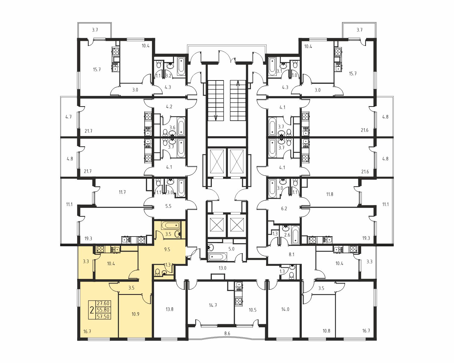 2-комнатная квартира №263, 55,8 м² за 6,52 млн руб. в ЖК «Парусная Регата» - планировка
