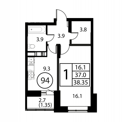 1-комнатная, квартира, 38.35 м²
