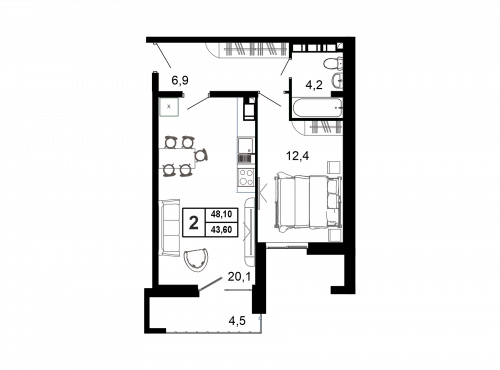 2-комнатная, 45.7 м²