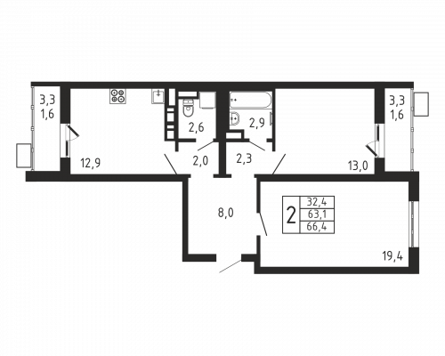 2-комнатная, квартира, 66.4 м²