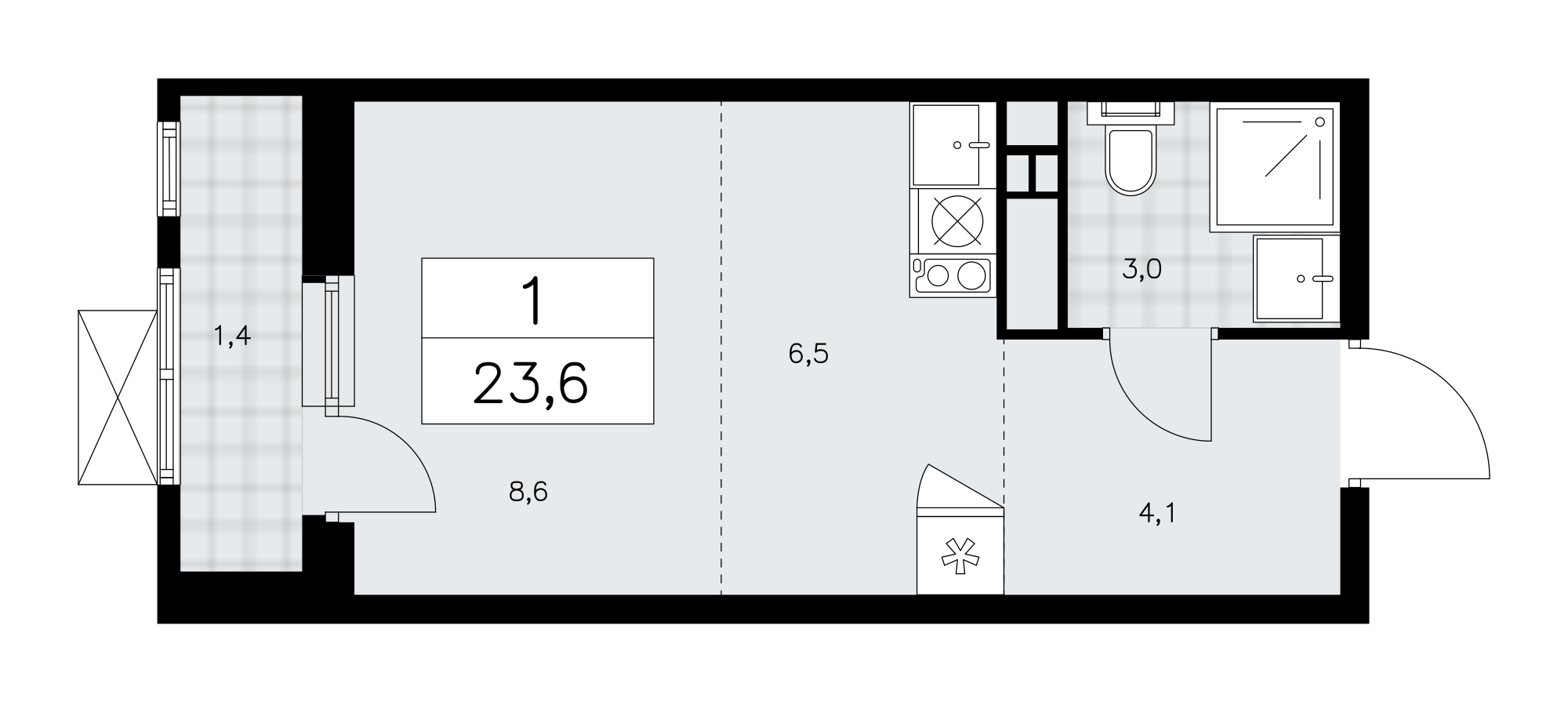 1-комнатная квартира №24К-37.2.1-140, 23,6 м² за 8,86 млн руб. в ЖК «Скандинавия» - планировка