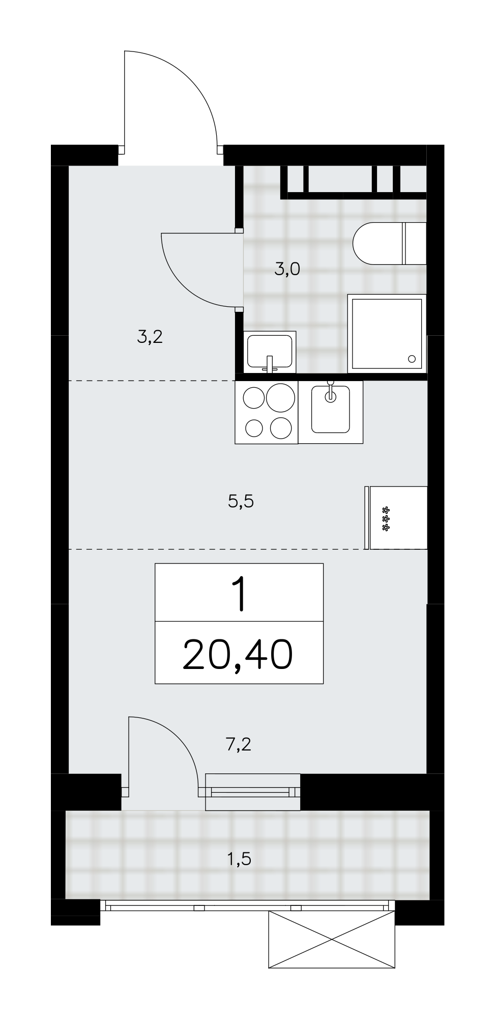 1-комнатная квартира №24К-28.1-248, 20,4 м² за 7,45 млн руб. в ЖК «Скандинавия» - планировка